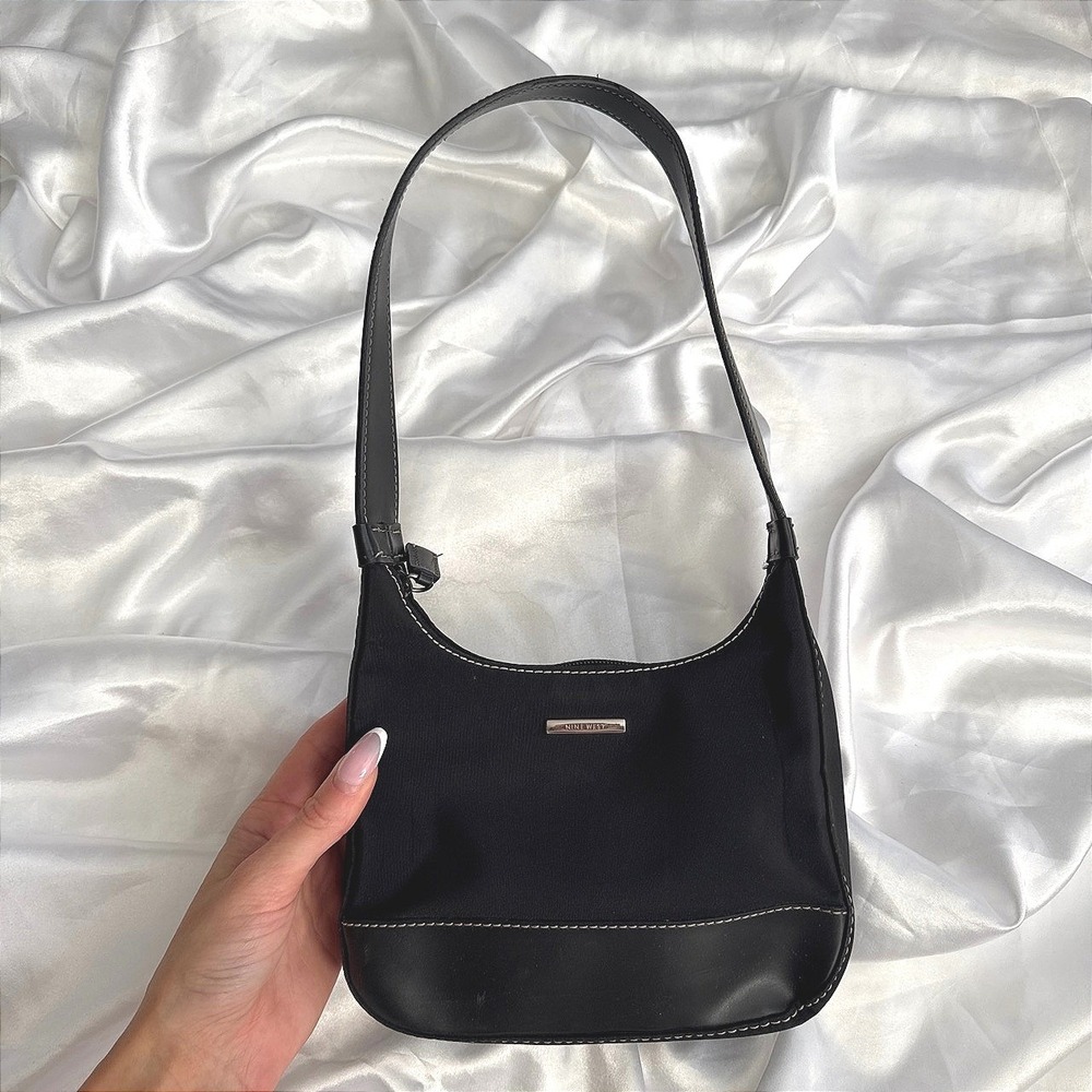 Nine West Black Canvas Shoulder Bag Y2K Baguette Contrast Stitch Silver Logo